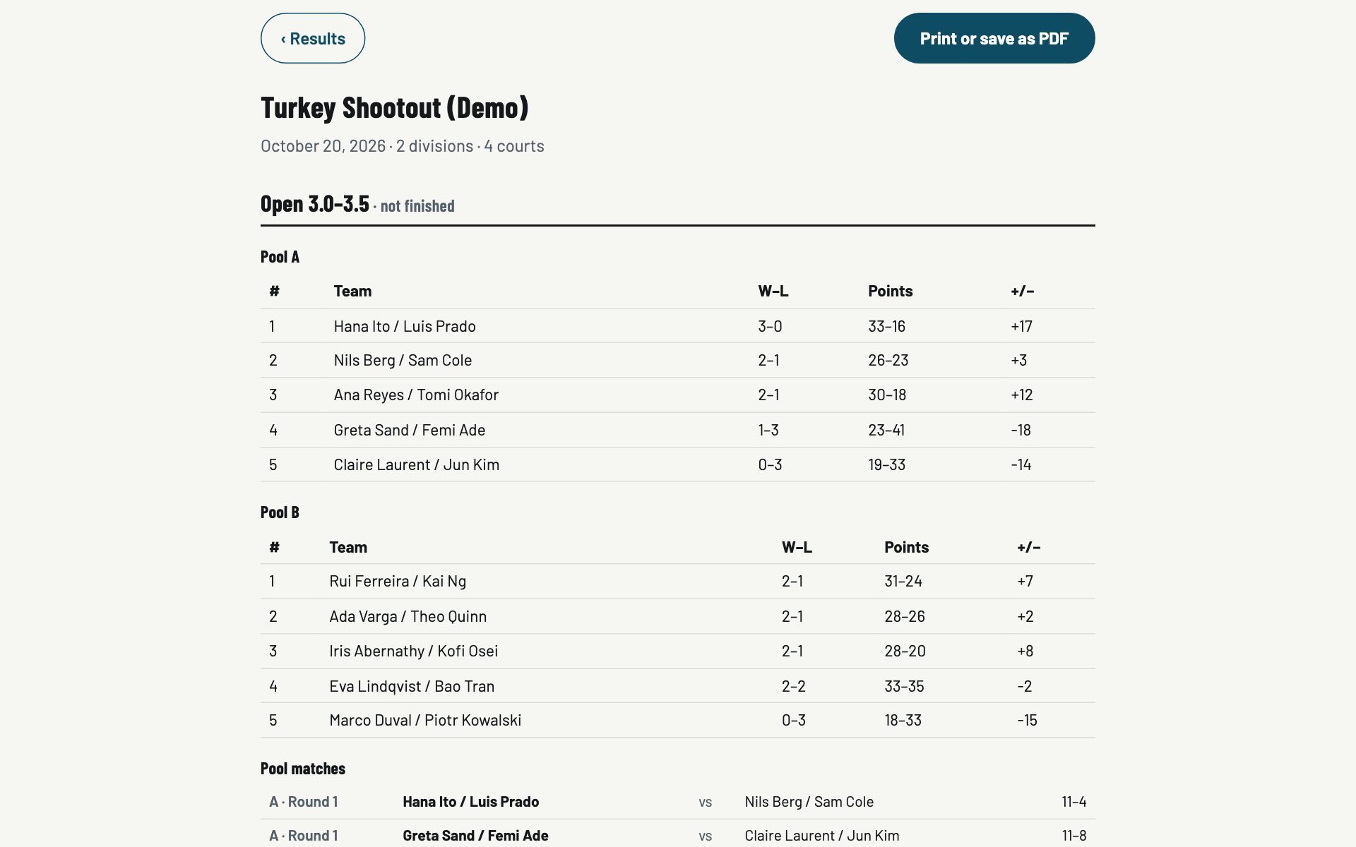 Pickleball Tourney - Results, ready to print